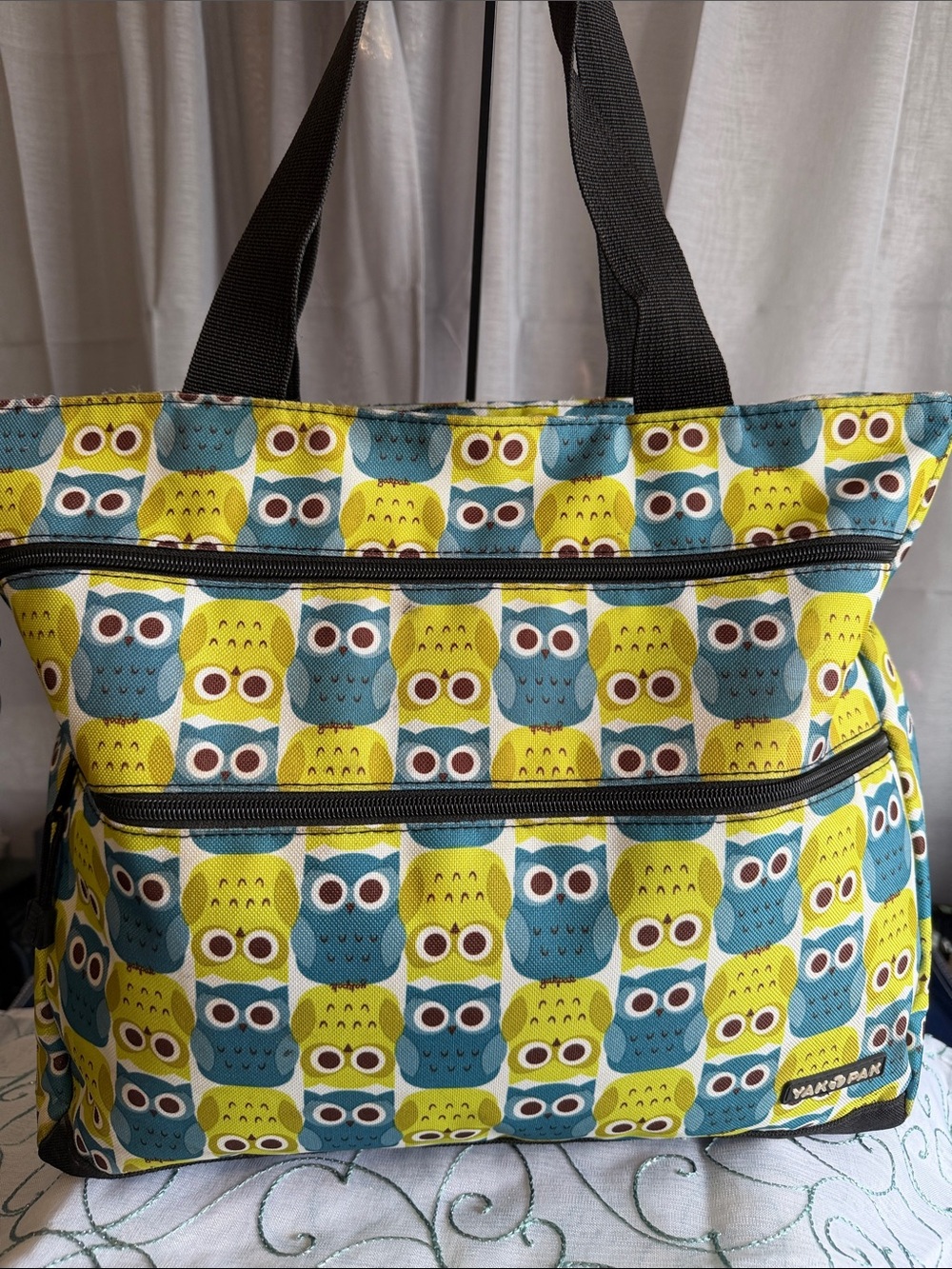 Yak Pak Owl Print Tote in Yellow and Teal with Black Straps